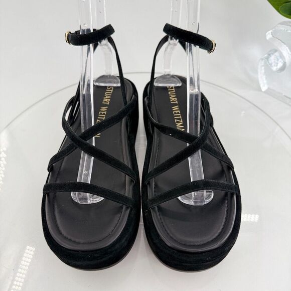 Stuart Weitzman Summerlift Platform Strappy Sandal Round Toe Black Size 10 Flat - Picture 6 of 16